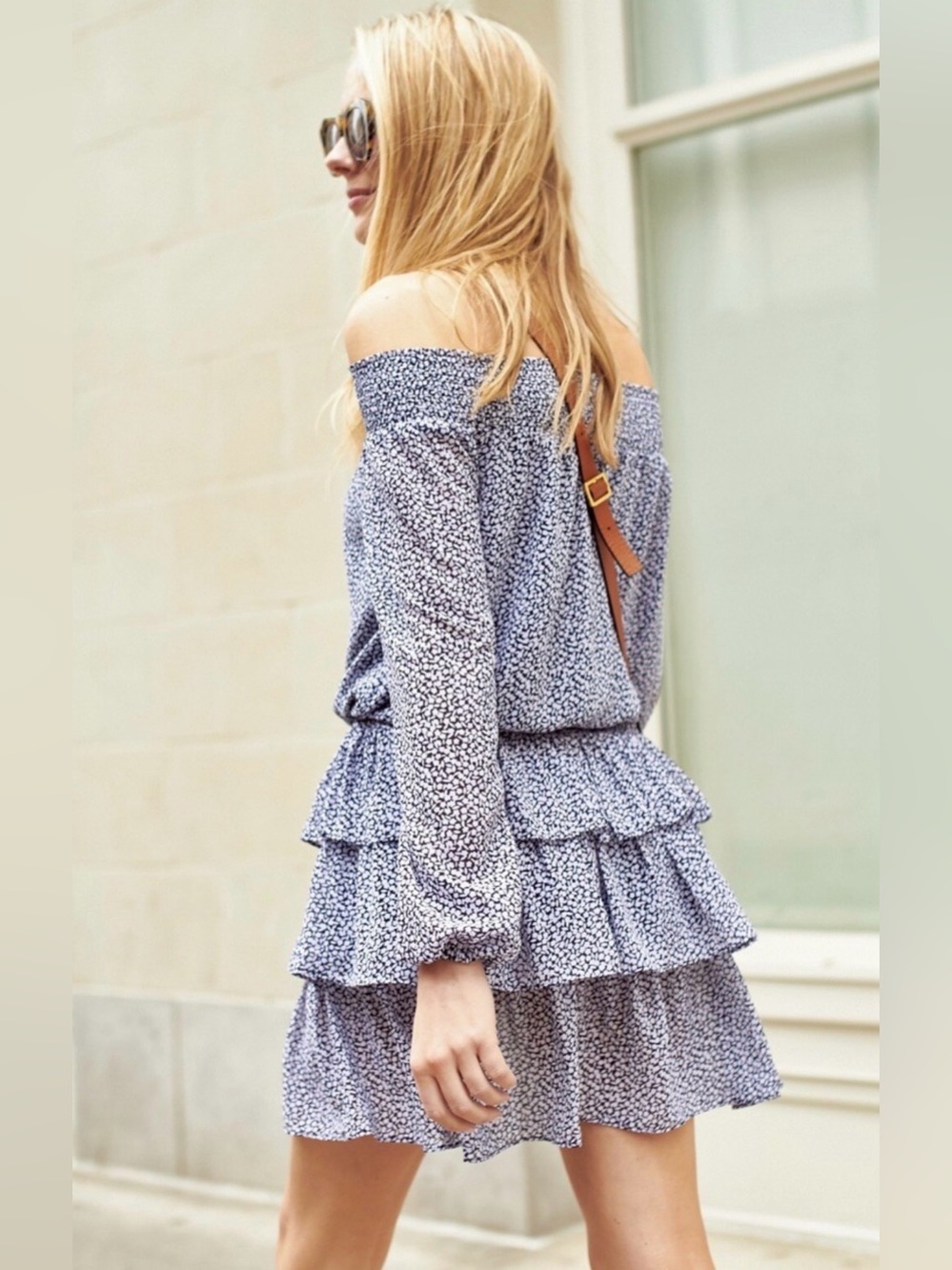 Michael Kors Blue One-Shoulder Tiered Ruffle Dress